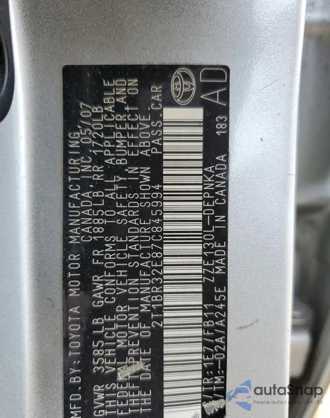 2007 Toyota Corolla Ce из США, поврежденный, VIN 2T1BR32E87C845994